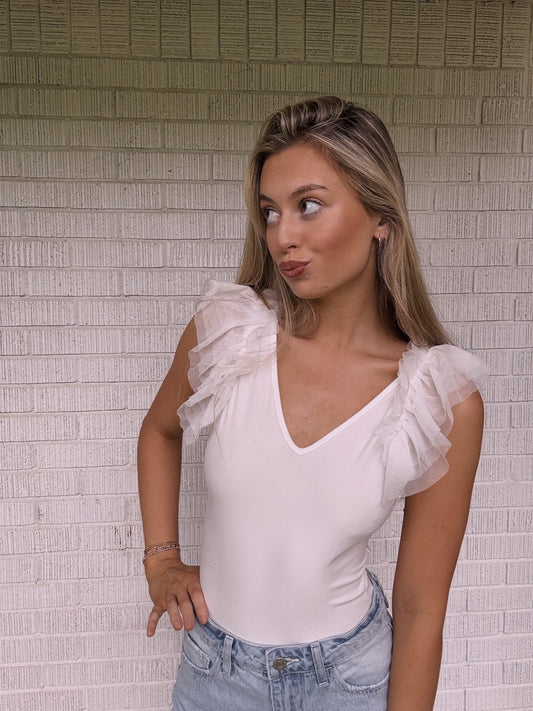 White Body Suit w/ Ruffle Sleeve