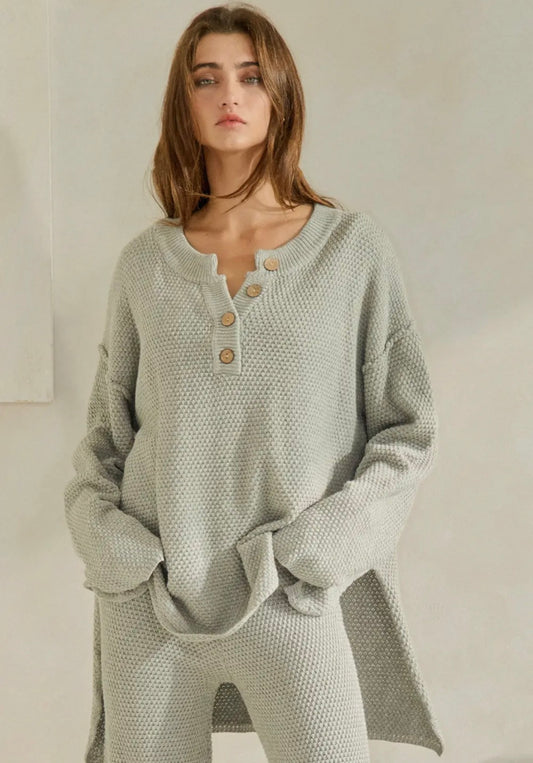 Oversized Grey Knit Henley Top
